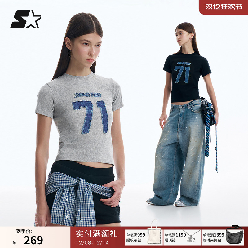 STARTERT恤2025夏季新款女生修身圆领牛仔贴布修身露腰短款上衣