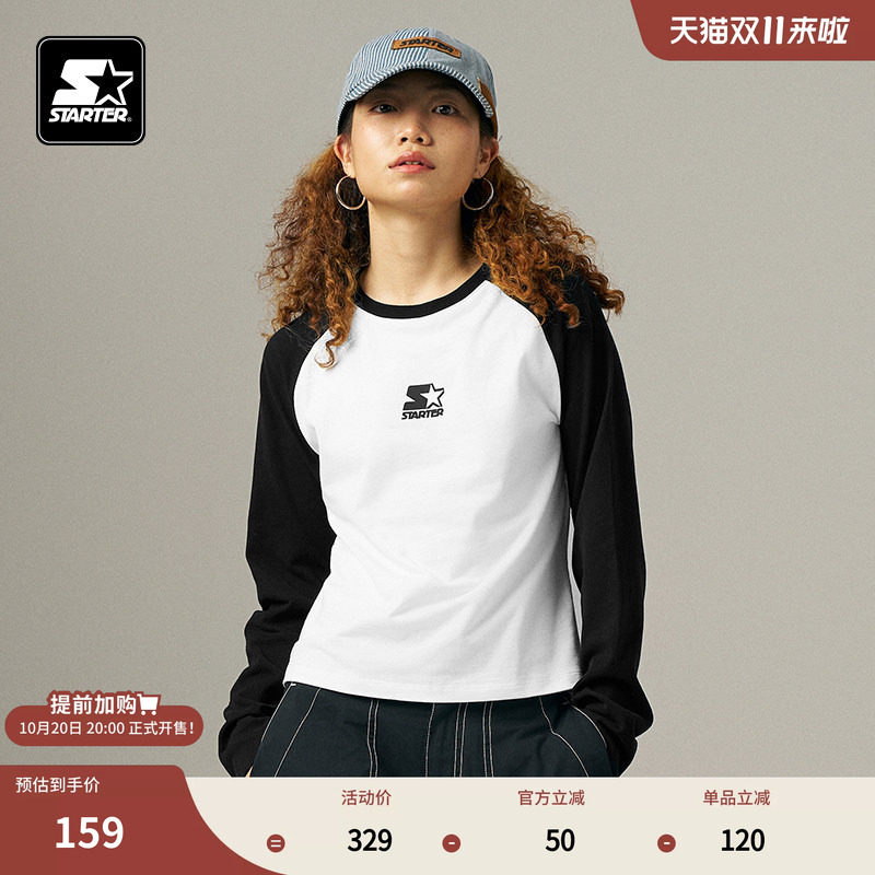 STARTER长袖T恤秋季纯棉黑白插肩修身显瘦休闲男女同款百搭上衣