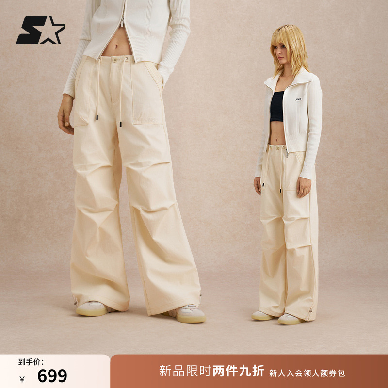 STARTER伞兵裤2025秋季新款百搭女生棉松紧腰褶皱长裤宽松裤子