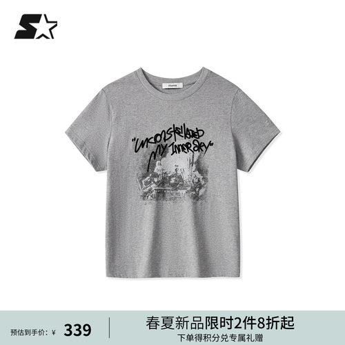 STARTER短袖T恤2026夏季新款显瘦休闲百搭女生100%棉灰色印花上衣