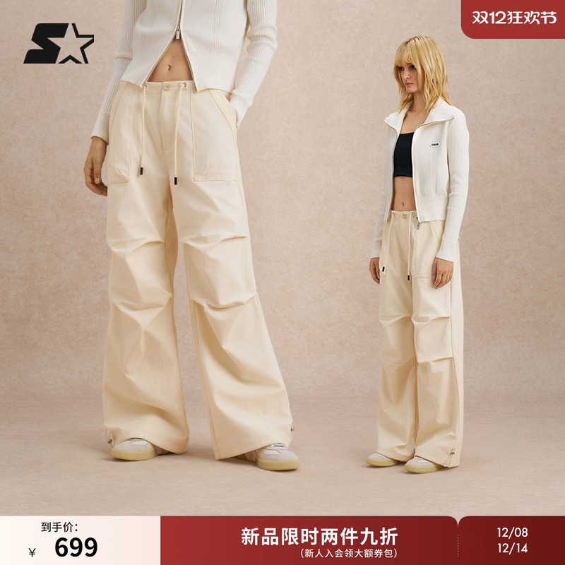 STARTER伞兵裤2025秋季新款百搭女生棉松紧腰褶皱长裤宽松裤子