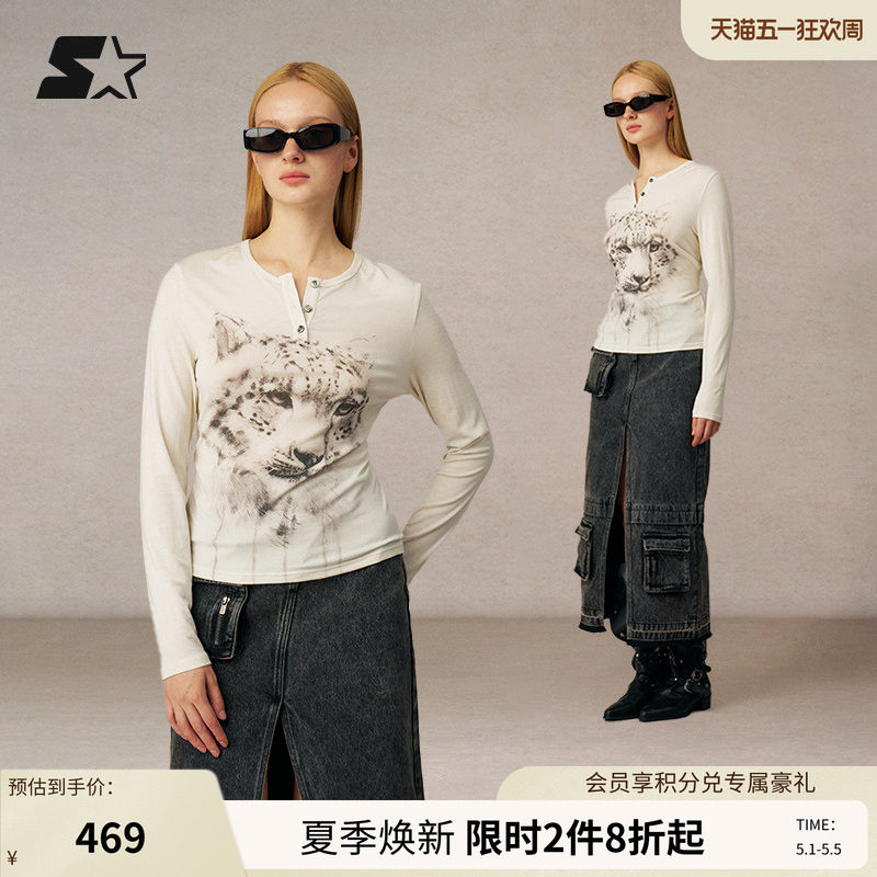 STARTER长袖T恤春秋季新款时尚百搭女款紧身动物羊毛打底衫上衣