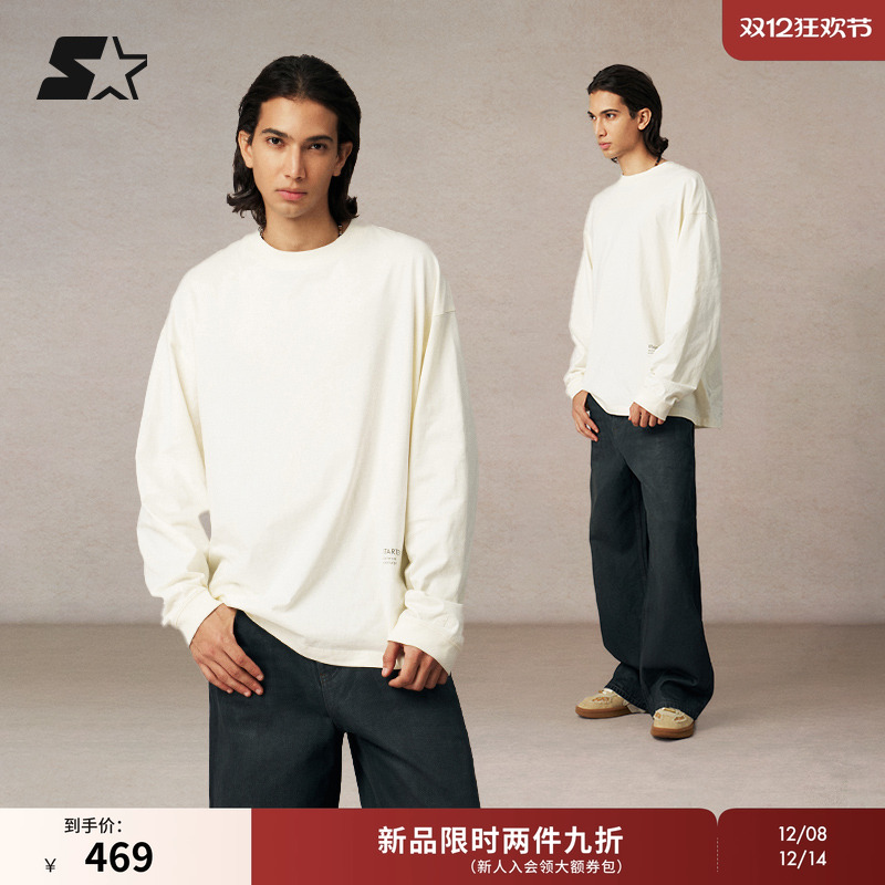 STARTER长袖T恤2025秋冬新款美式宽松纯棉情侣圆领打底衫上衣