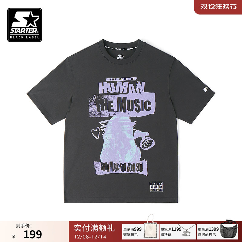STARTER|T恤纯棉男女同款新款印花短袖灰色休闲宽松百搭情侣上衣