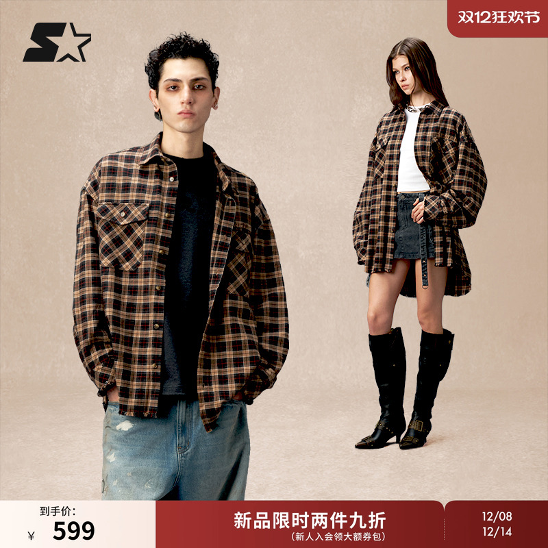 STARTER格纹衬衫2025秋季新款男生纯棉宽松百搭休闲女生上衣外套