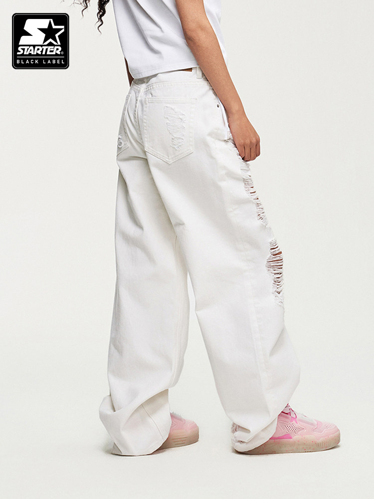 STARTER 청바지 순수 코튼 2024 여름 신상 찢어진 데님 바지 루즈 캐주얼 여성용 흰색 바지