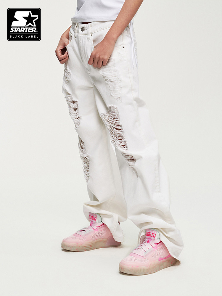 STARTER 청바지 순수 코튼 2024 여름 신상 찢어진 데님 바지 루즈 캐주얼 여성용 흰색 바지