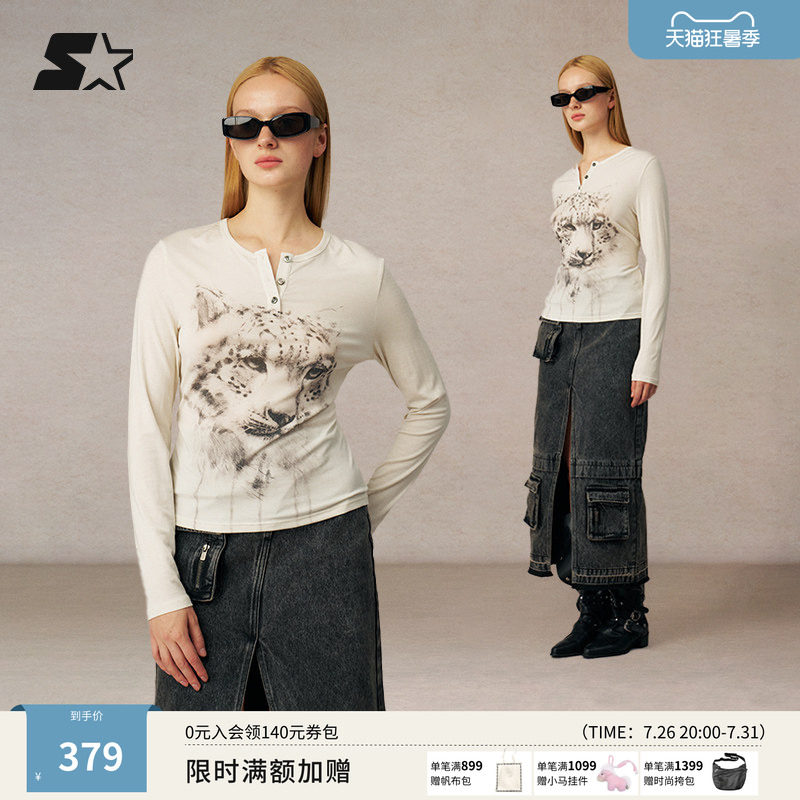 STARTER长袖T恤春秋季新款时尚百搭女款紧身动物羊毛打底衫上衣