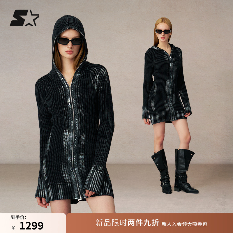 STARTER连衣裙2025秋冬新款黑色时尚连帽女百搭休闲紧身裙子