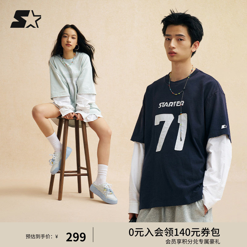 STARTER T恤夏季男女同款纯棉数字印花假两件运动休闲百搭上衣