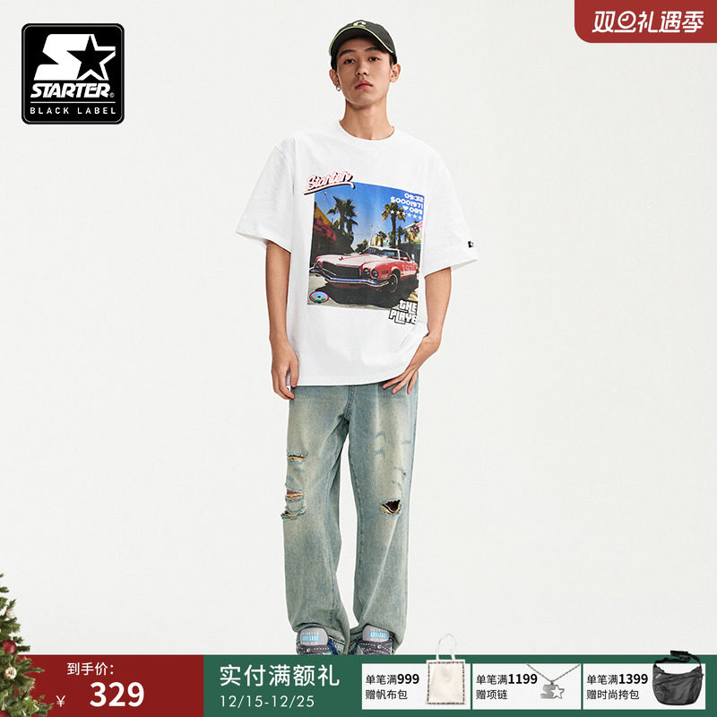 STARTER牛仔裤新款男士破洞直筒宽松百搭休闲长裤水洗做旧棉裤子