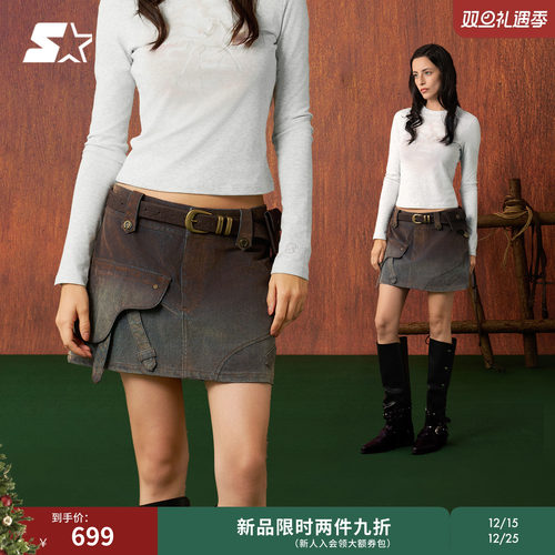 STARTER迷你裙2026春季新款复古做旧纯棉休闲显瘦女生短裙裙子