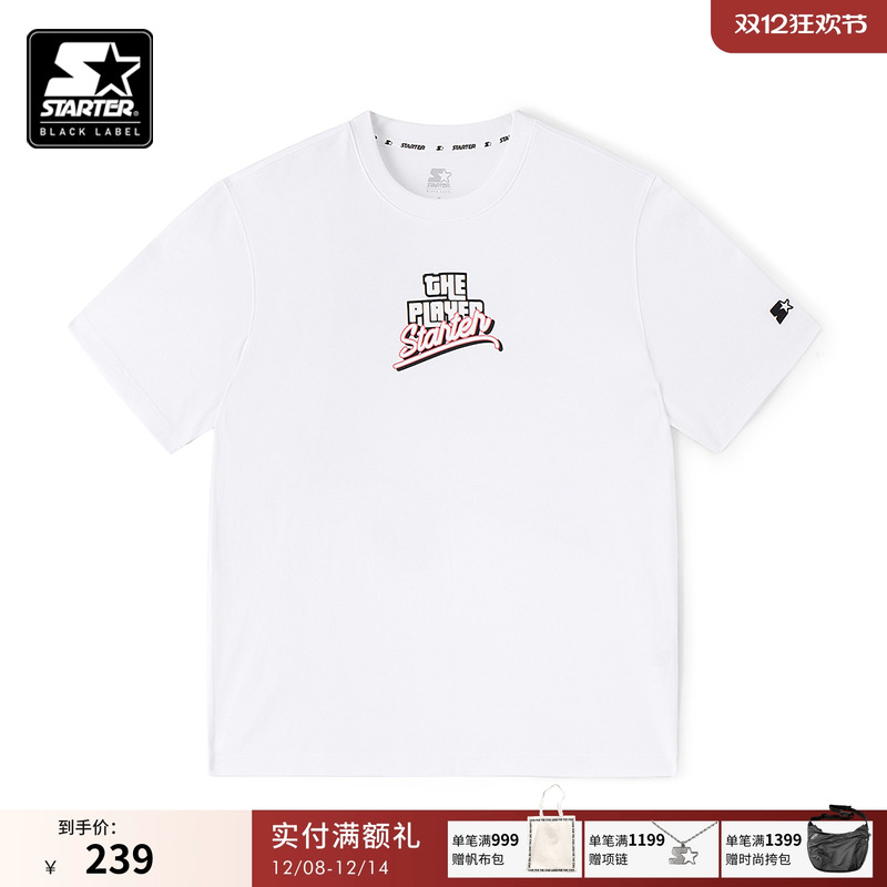 STARTER|T恤美式复古纯棉白色图案印花圆领百搭男女同款短袖上衣