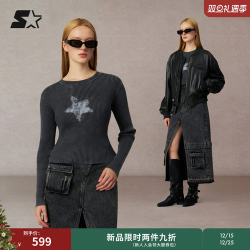 STARTER毛衣2025秋季新款复古休闲保暖女生棉紧身短款内搭上衣