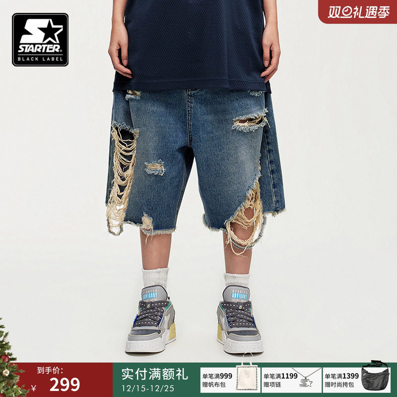 STARTER牛仔短裤新款运动休闲破洞宽松男女同款棉美式牛仔裤裤子