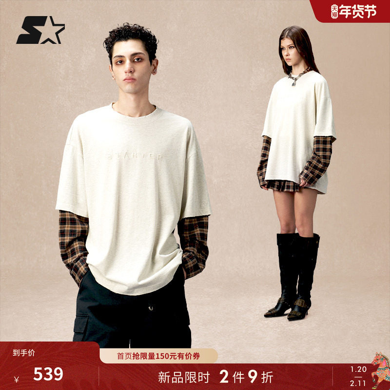 STARTERT恤2025秋季新款男女款宽松休闲纯棉假两件拼接T恤上衣,运动服/休闲服装,运动T恤,淘宝优惠券,粉丝福利购,淘宝优惠卷