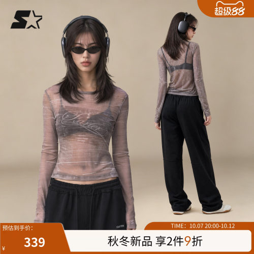 STARTER网纱长袖衫2026秋季新款紧身高弹透气女款上衣休闲长袖T恤