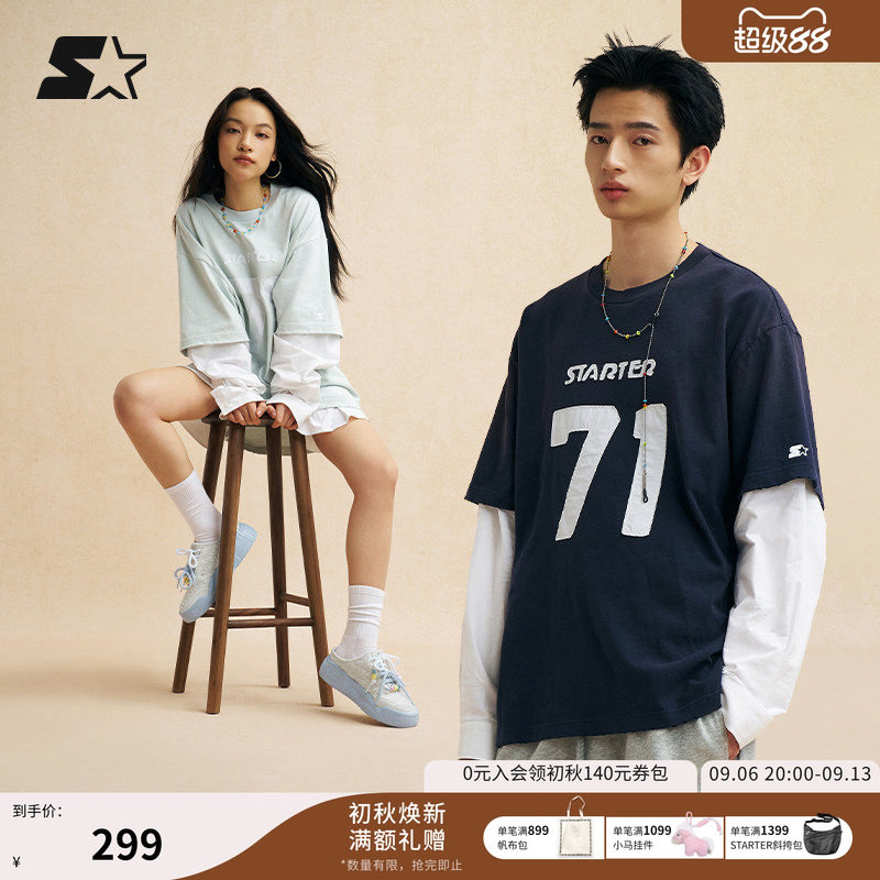 STARTER T恤夏季男女同款纯棉数字印花假两件运动休闲百搭上衣
