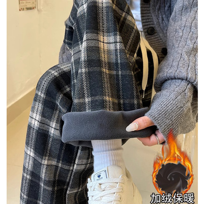 女童加绒裤子毛呢阔腿裤格子裤