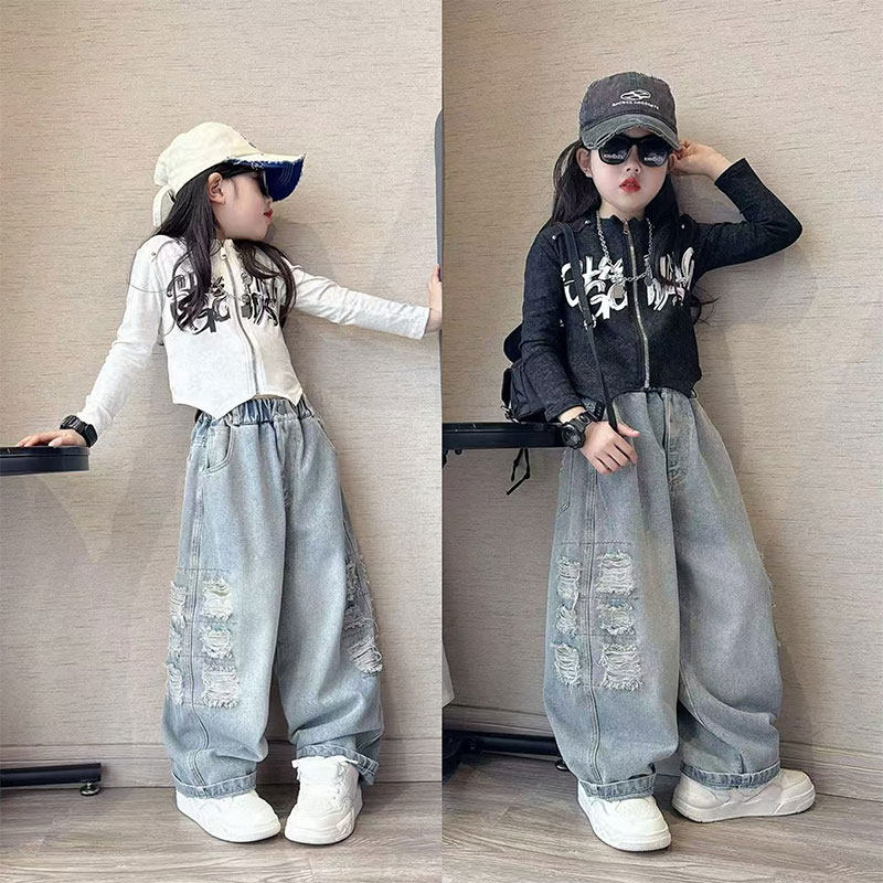 女童破洞牛仔裤春装2025新款儿童裤子春秋季女大童初中生阔腿长裤