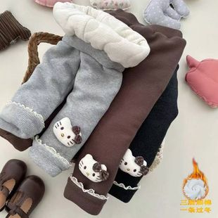 外穿 子打底裤 冬季 女童女宝宝三层夹棉一条过冬保暖KT猫卡通纯色裤