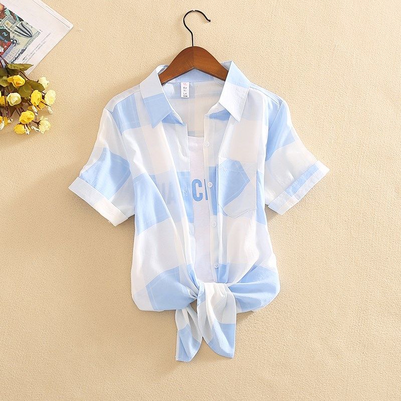 2020夏季新款韩版格子短袖衬衫女宽松百搭假两件套防晒大码上衣|ruв категории Женская одежда, рубашка - от Buy2taobao.com для оказания профессиональной услуги покупки агента Taobao