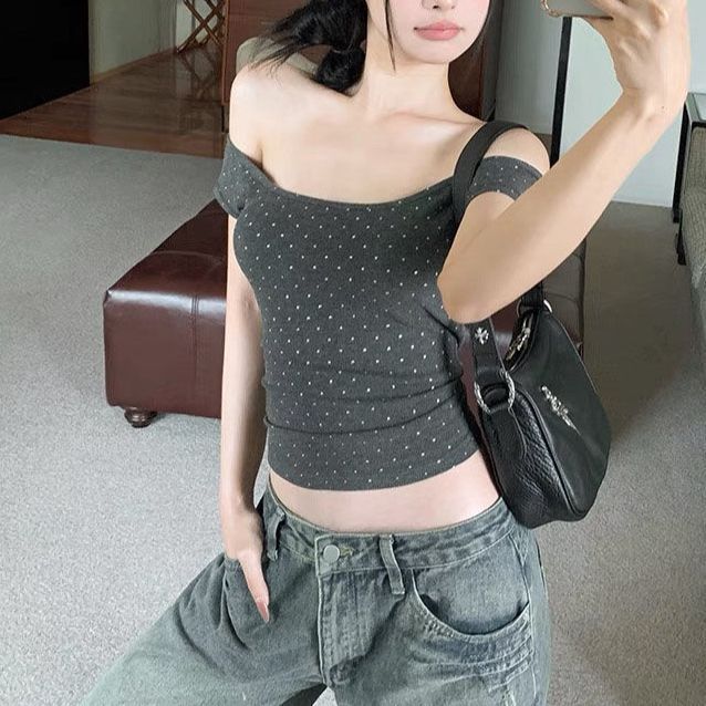 现货辣妹一字领波点短袖修身T恤女夏辣妹设计感复古短款露肩上衣