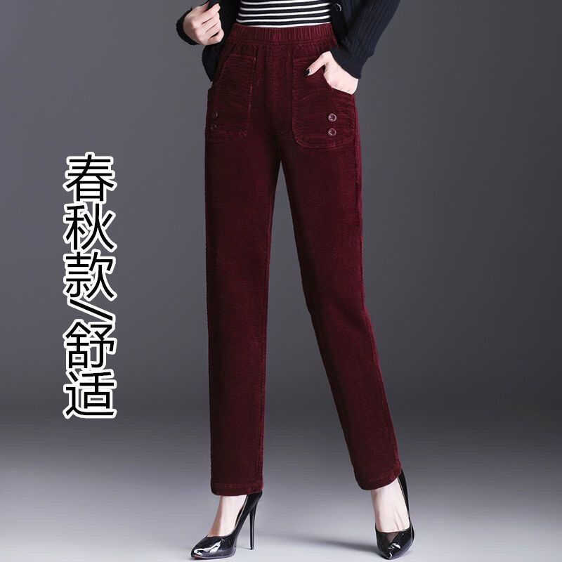 筒裤高腰裤天码休闲松紧新款大加厚女裤细条冬天条绒高新直绒裤妈