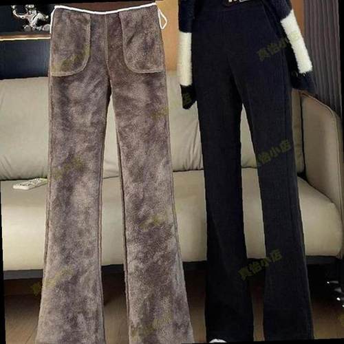 雪尼尔特厚羊羔绒女大码200斤冬季加绒加厚阔腿显瘦休闲喇叭裤子