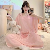 特大码 睡袍女卡通毛巾浴袍宽松连帽晨袍外穿300斤睡衣裙 夏季