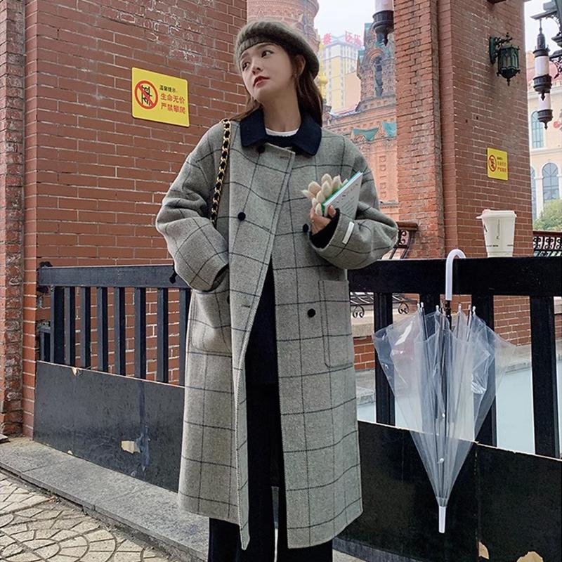 古时人字长复古大秋冬毛呢大衣长女冬季长毛呢子中长纹设计格纹外