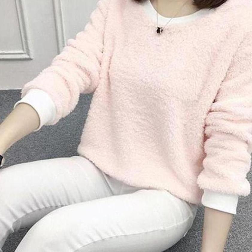 双面绒新款毛绒衣女套头加绒圆领打底衫宽松秋冬季纯色洋气上衣女