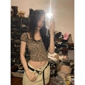 露脐上衣 紧身显瘦短款 辣妹小心机豹纹低胸方领短袖 T恤女2026夏季