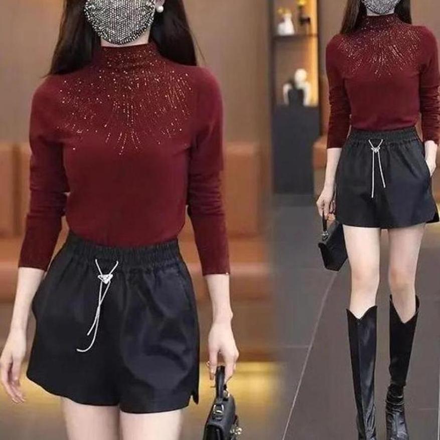 半高领长袖打底衫女秋冬2025新款枣红色上衣高级感烫钻修身打底衣