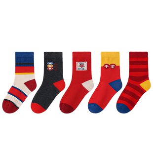 斑比童袜儿童红袜子本命年秋冬季棉袜女童宝宝春秋新年男童中筒袜