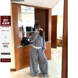 Store 睡衣套装 居家百分 上衣长裤 夏秋外穿家居 复古格纹长袖 Skk