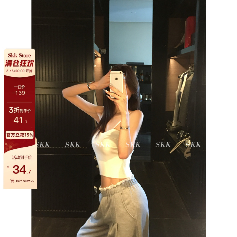 【清仓3折】辣妹关联 复古短款罗纹针织吊带背心女上衣内搭夏秋季