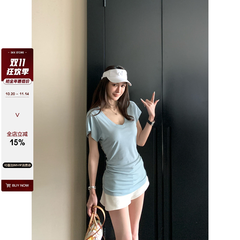 Daily日奢中长款V领短袖T恤