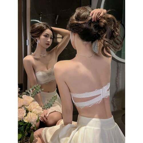 无肩带聚拢美背内衣女防滑抹胸式蕾丝文胸聚拢加厚小胸罩隐形婚纱