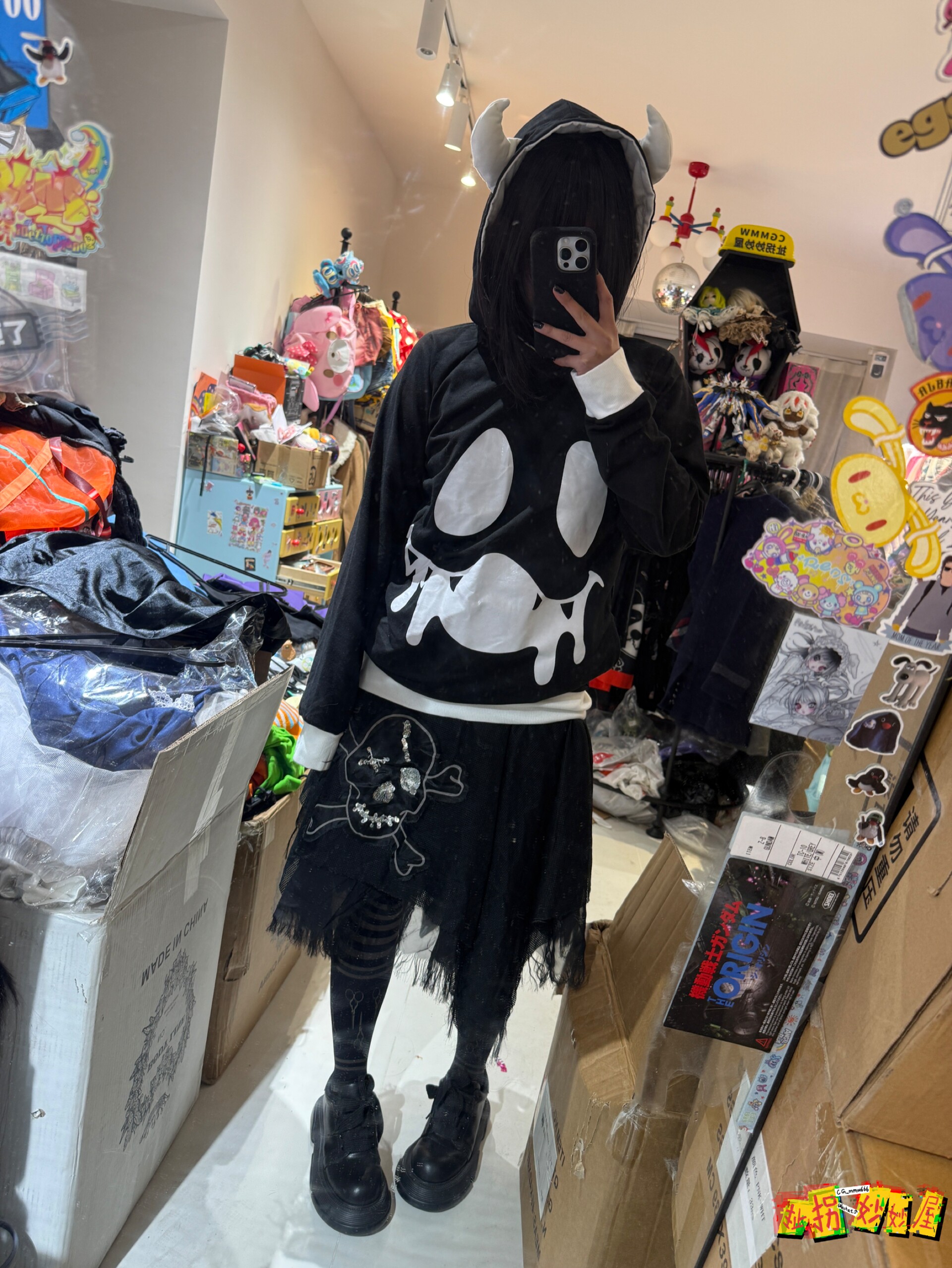 【现货掉落】acdcrag日牌中古稀有孤品可爱恶魔连帽卫衣黑白朋克