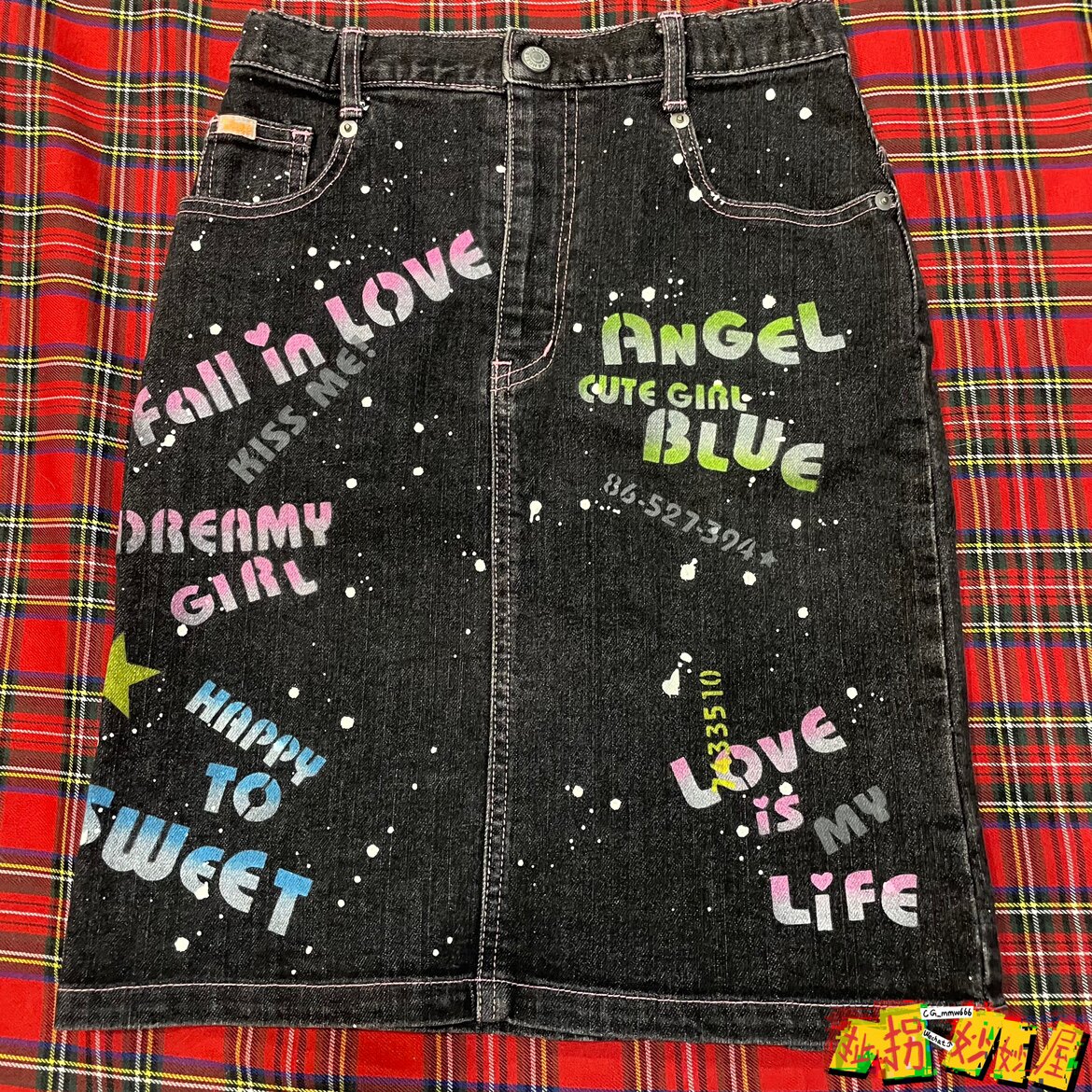 【现货掉落】ANGELBLUE日牌中古稀有孤品可爱牛仔半身裙sk泼墨y2k