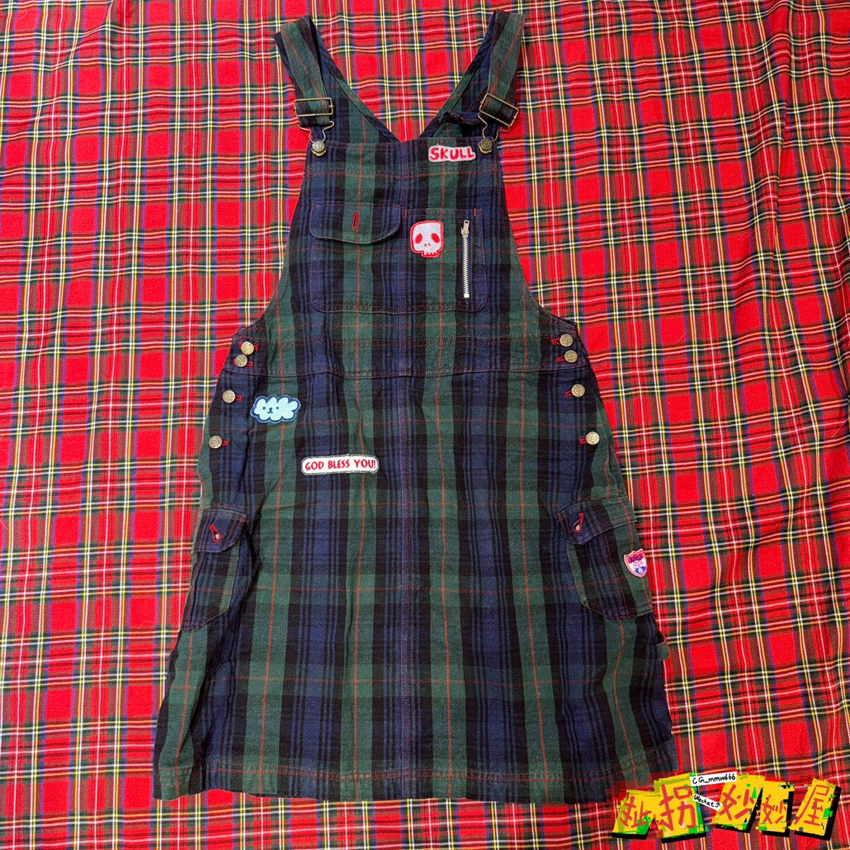 【现货掉落】Bettyblue日牌中古稀有孤品可爱格纹背带裙童趣贴布