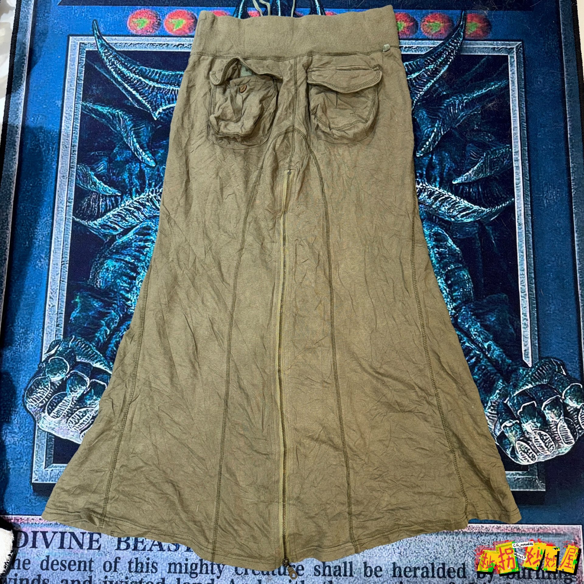 【现货掉落】日牌中古稀有孤品可爱半身裙中长裙原宿y2k军绿拉链