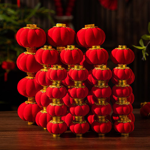 新年装饰品植绒小红灯笼挂饰盆栽绿植挂件挂树上院子春节氛围布置