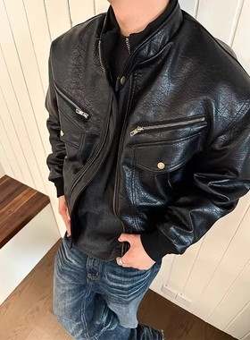 EME 美式复古荔枝纹PU皮衣夹克男女25秋冬多口袋廓形机车服外套潮