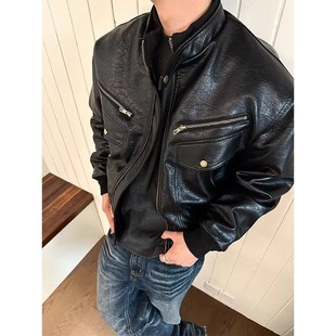 EME 复古荔枝纹PU皮衣夹克男女25秋冬多口袋廓形机车服外套潮 美式