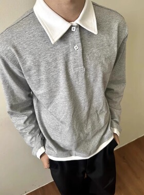 MADEEXTREME 竹节肌理复古假两件设计撞色polo领叠穿长袖打底衫