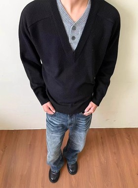 EME 老钱新贵 羊毛纱线深V领假两件毛衣秋季高级感针织衫男女宽松