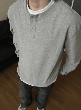MADEEXTREME 美式假两件华夫格纽扣针织长袖t恤小众亨利领卫衣潮