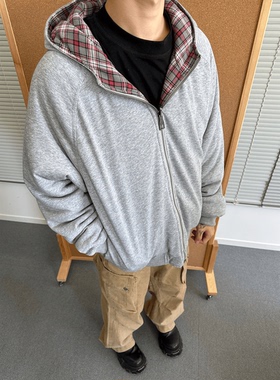 MADEEXTREME 美式冬季复古双面穿格子连帽棉服男女街头加厚棉衣潮